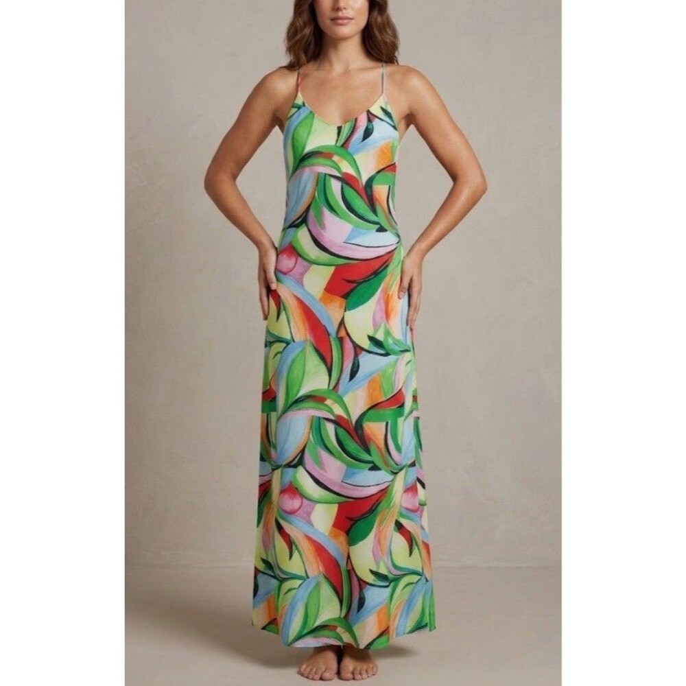 Nicole Miller NY Colorful Abstract Satin XL Maxi Dress Statement Beach